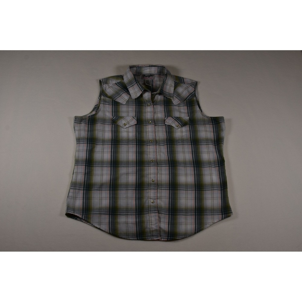 Wrangler Wrancher Womens Plaid Sleeveless Western Snap Shirt Green Pink Large